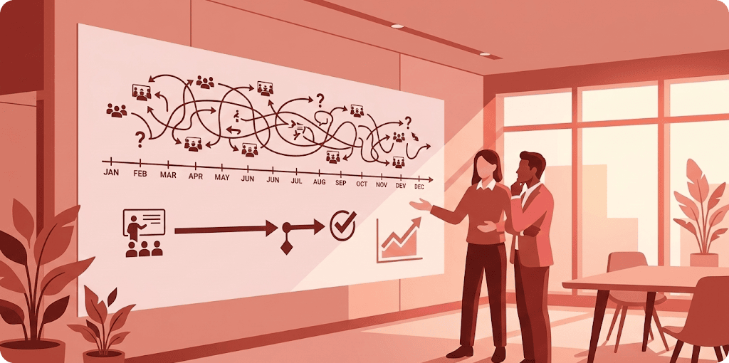 Two colleagues study a wall timeline tangled with meetings and question marks, next to a simple workshop-to-decision path
