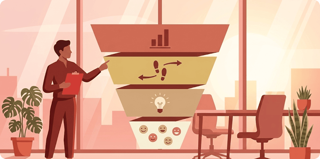 A facilitator points at a four-level funnel running from reaction faces at the bottom up to business results