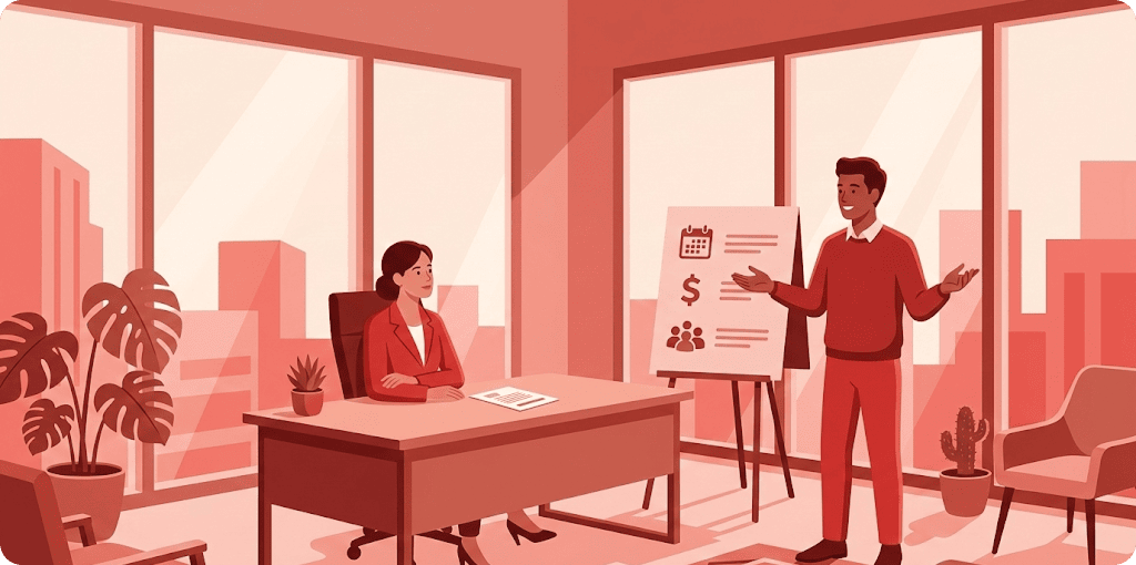 A facilitator presents a flip chart of time, cost, and people figures to an executive at her desk