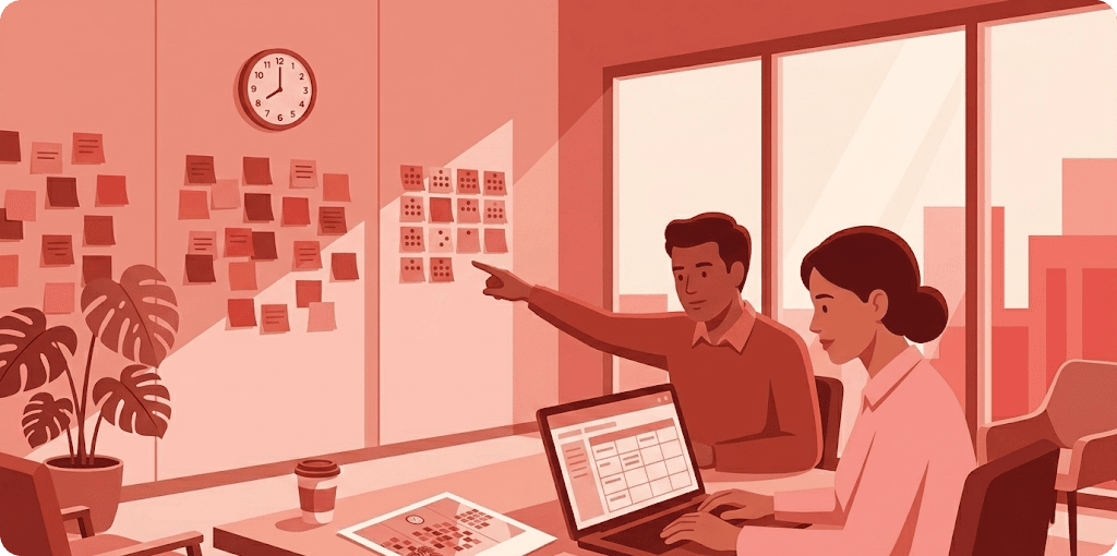 Two people track workshop follow-up actions on a sticky-note grid beside a laptop spreadsheet