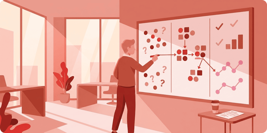 A facilitator maps sticky-note dots through a decision flow into rising charts on a whiteboard