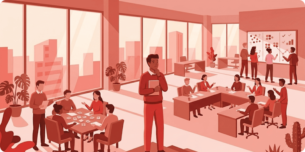An open office where several teams run their own workshops at once while a facilitator looks on