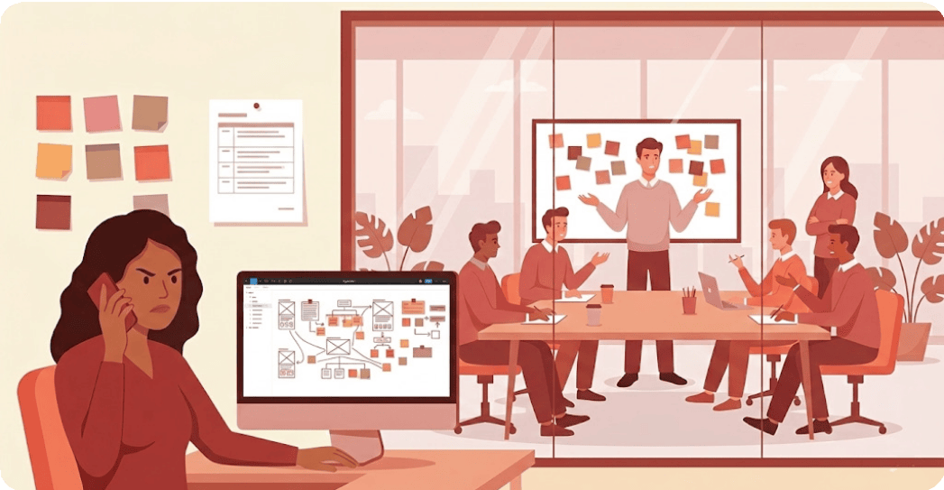 A frustrated stakeholder takes a phone call while a team workshops around a sticky-note wall behind glass