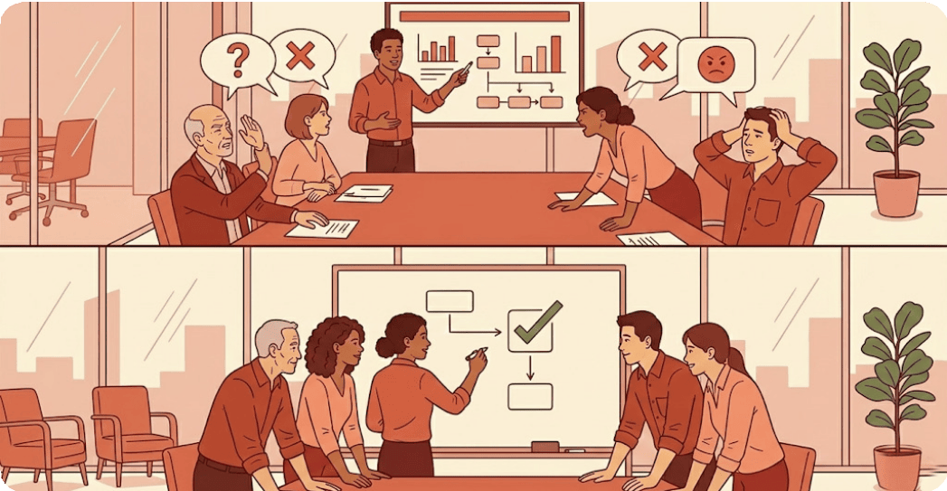 Two panels: a presenter losing the room with charts, then the same group aligned around a whiteboard with a check mark