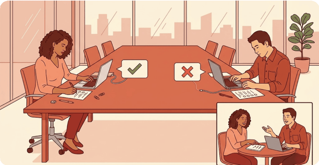 Two people fill in surveys alone at a long table; an inset shows them solving the problem together in conversation
