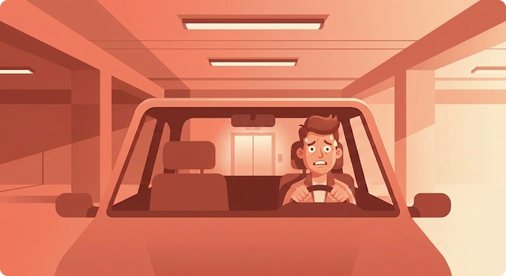 A nervous facilitator grips the steering wheel in a parking garage, unable to get out of the car