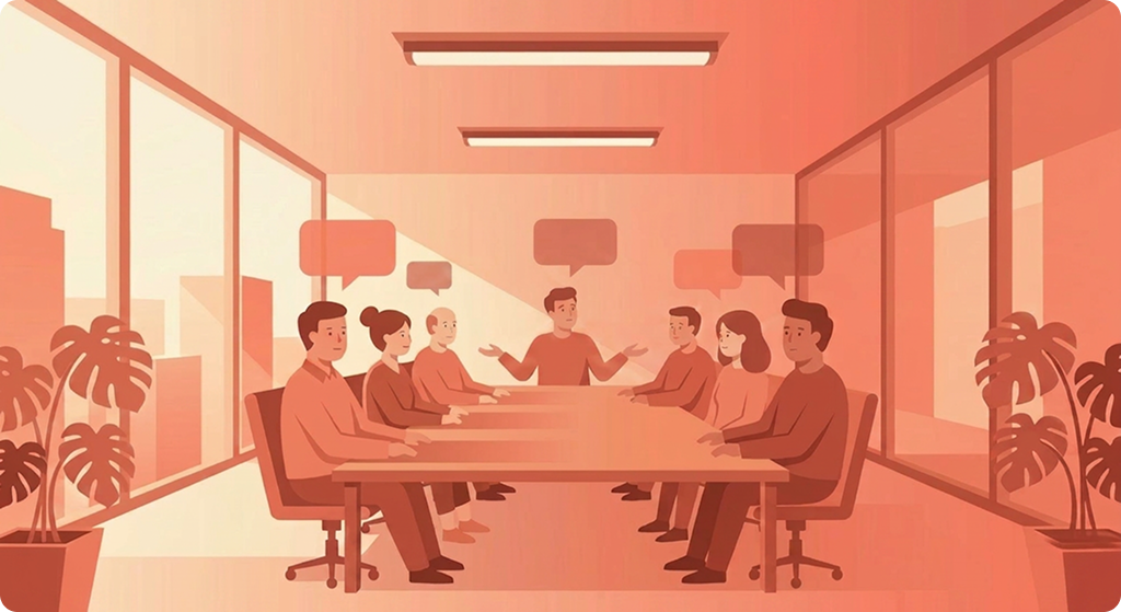 A facilitator sits with a calm group around a table, speech bubbles rising above the conversation