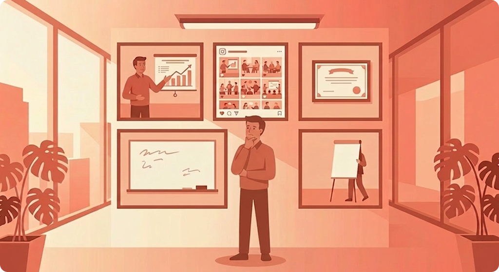 A doubtful facilitator stands surrounded by framed pictures of flawless presenters, polished feeds, and certificates