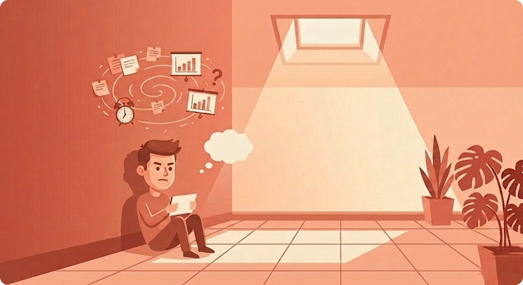 A facilitator sits on the floor of an empty room as clocks, notes, and charts spiral overhead
