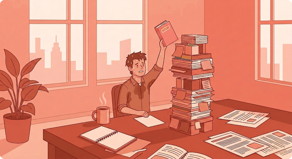 A sweating facilitator holds one book aloft beside a teetering stack of books and notes