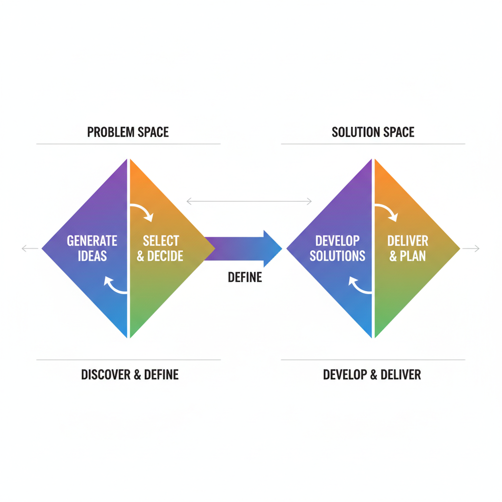 Double-diamond diagram: discover and define in the problem space, develop and deliver in the solution space