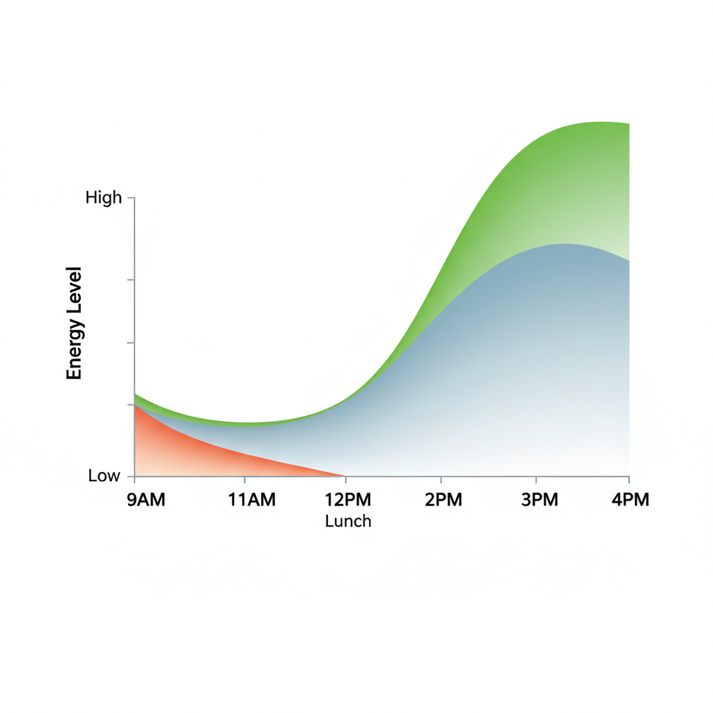 Energy level chart from 9 AM to 4 PM showing morning energy, post-lunch dip, and afternoon recovery