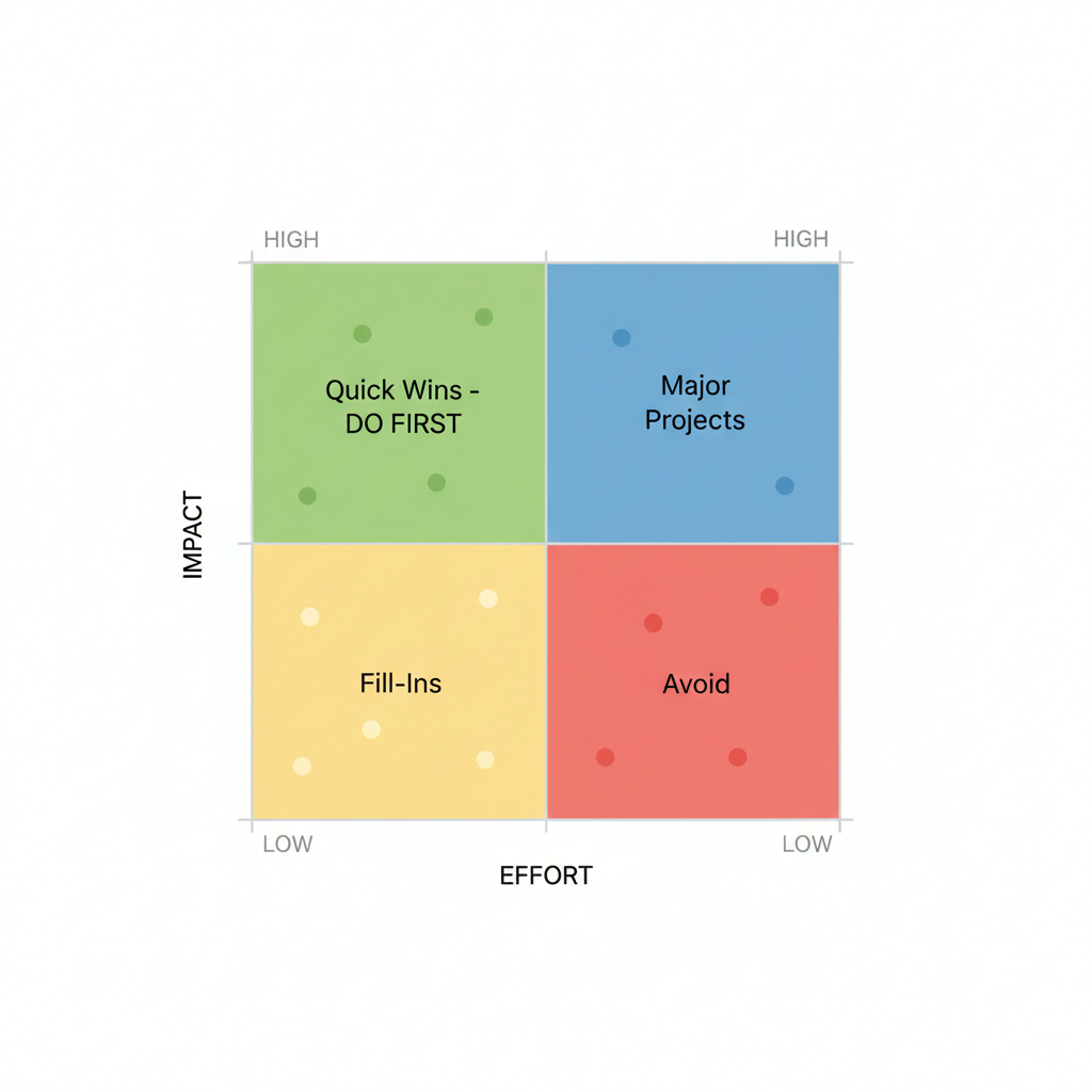 Impact/effort 2x2 matrix: Quick Wins, Major Projects, Fill-Ins, Avoid