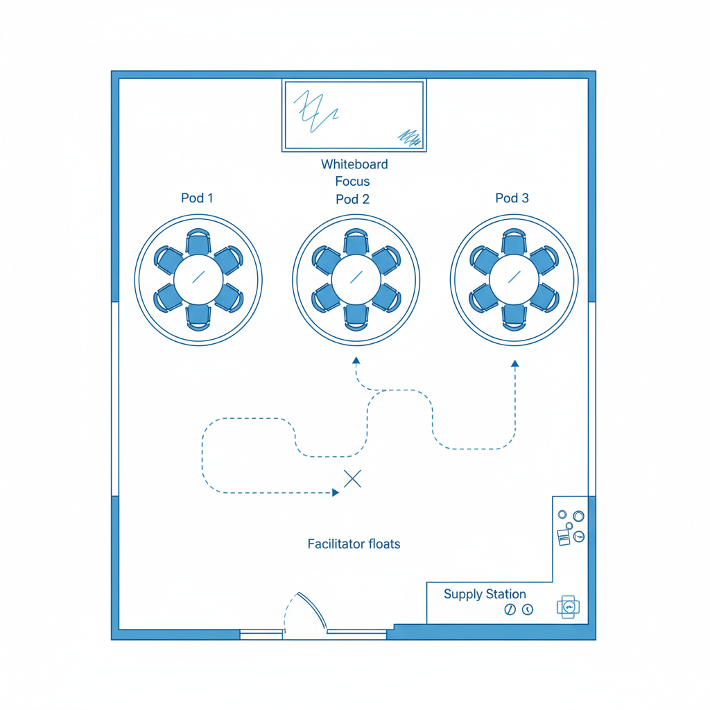 Pod layout diagram: small table clusters facing a focal wall