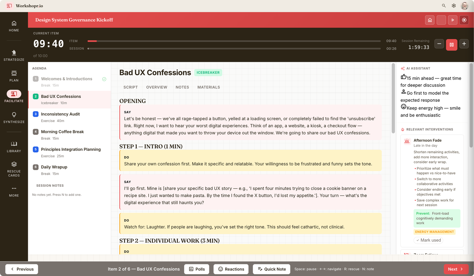 The Facilitate console: the live timer, the current item's script, and the transport bar for notes and polls