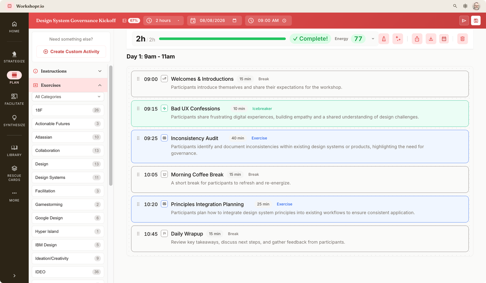 Workshopr 2.0 Planner showing a workshop agenda laid out on a timeline