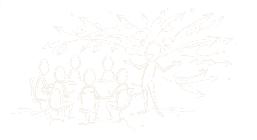 Sketch: a facilitator naming the chaos of thoughts above a meeting table