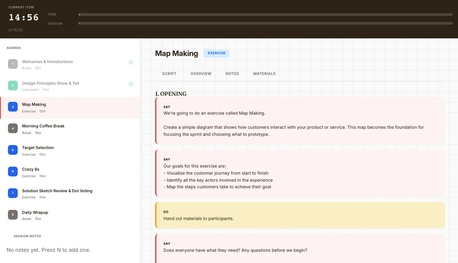 Workshopr's Facilitate console: the item timer at 14:56 of 15:00, the eight-item agenda with Map Making running third, and Map Making's script, opening with what to say and what to do.