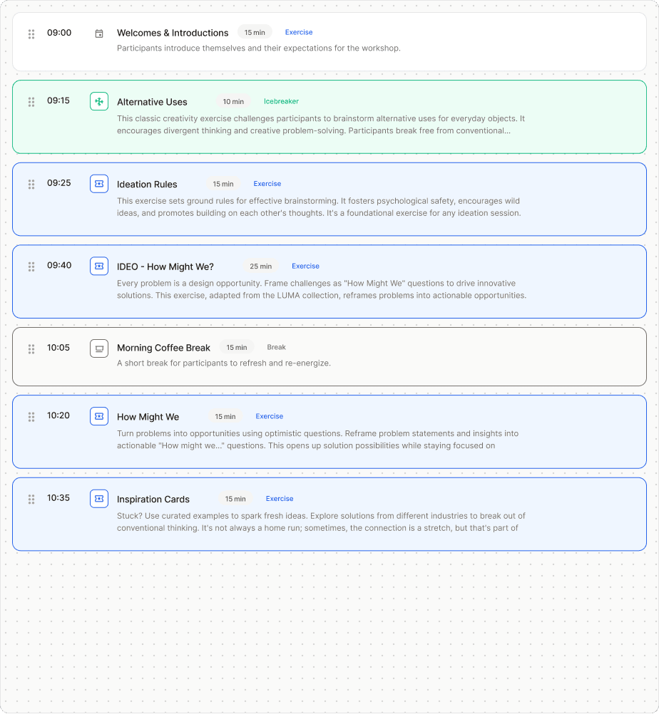 An agenda in the Plan builder: timed rows for the welcome, an alternative-uses warm-up, ideation rules and How Might We
