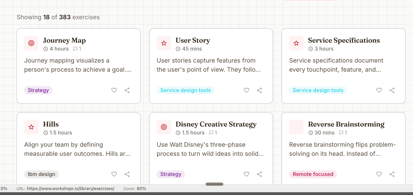 The exercise library: Journey Map, User Story, Hills and Disney Creative Strategy, each with its duration and category