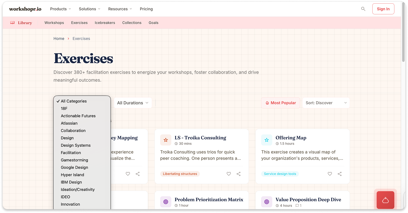 The Workshopr Library showing filterable exercises, icebreakers, and workshops with duration, participant count, and category tags.
