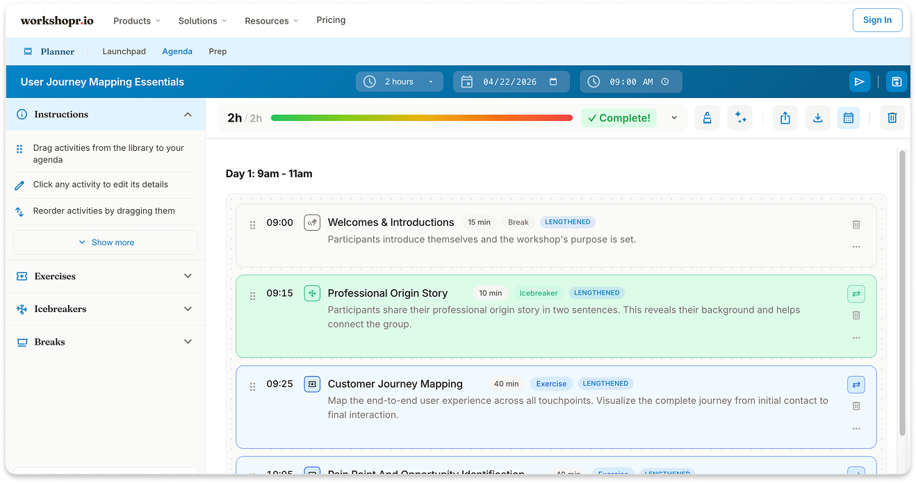 The Workshopr Planner showing a drag-and-drop agenda with timed sessions — Welcome, Professional Origin Story, Customer Journey Mapping.