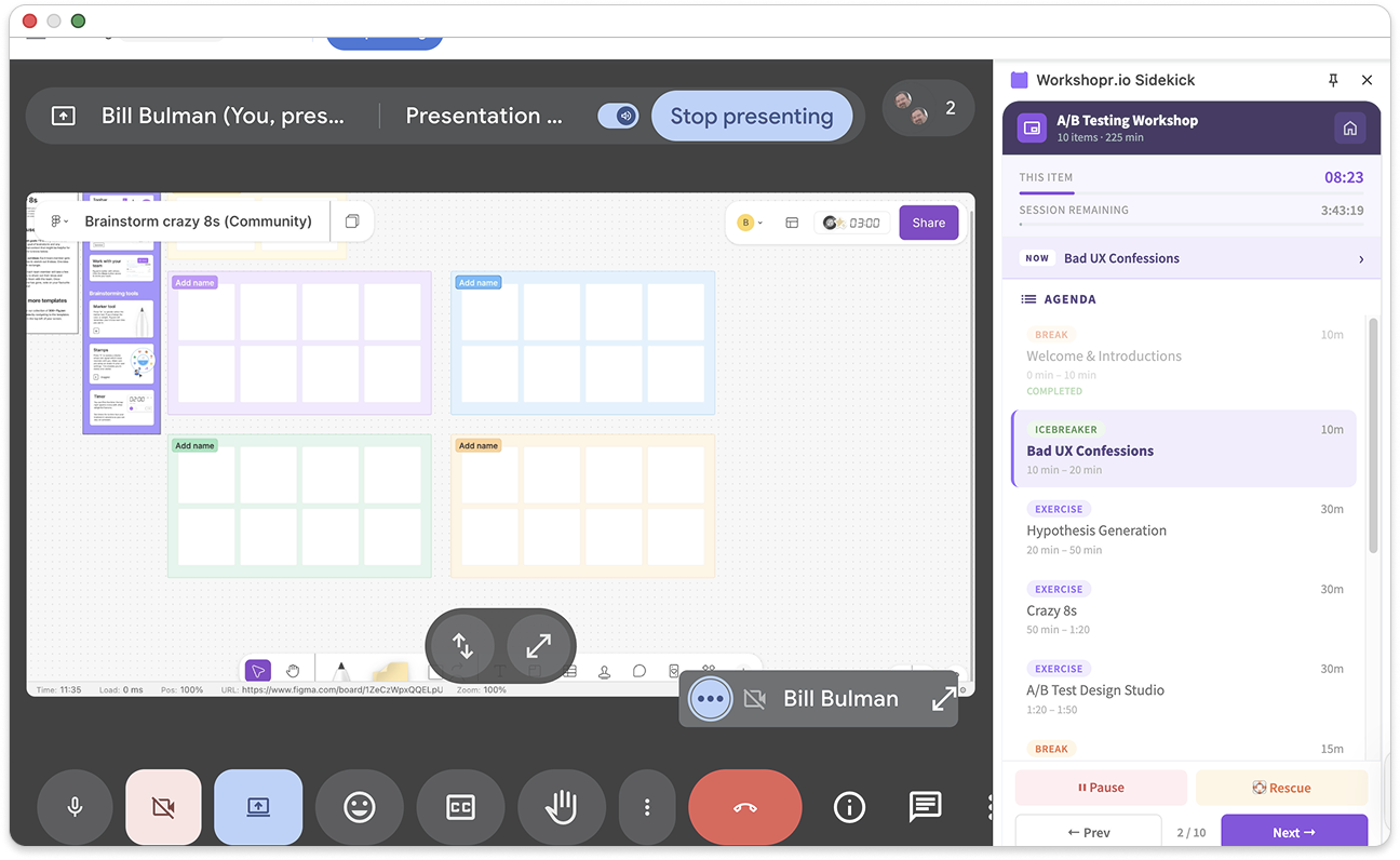 Workshopr Sidekick running inside a live Google Meet session — agenda on the right, current step highlighted, timer counting down.