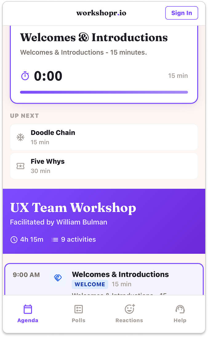 Participant agenda view in Sidekick — current activity with timer, up next queue.