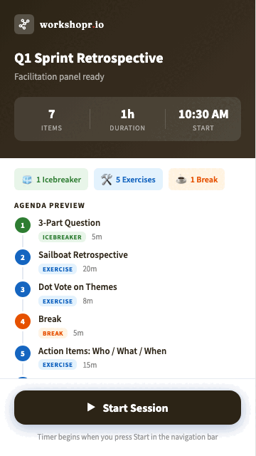 Animated demo of Workshopr.io Sidekick showing intro, agenda, script view, and intervention cards