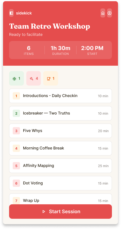 Workshopr.io Sidekick side panel showing a workshop agenda ready to facilitate